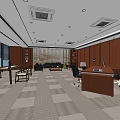 Modern Office Interior Design With Wooden Walls Large Windows Desk Sofa And Carpet