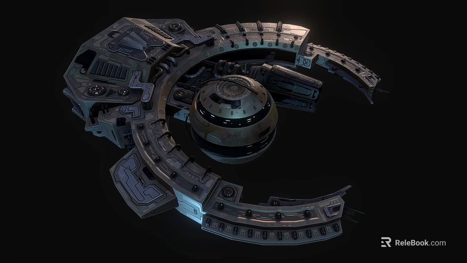 Futuristic Space Station Structure With Circular Design And Metallic Mechanical Details 3d model 