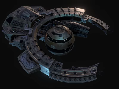 Futuristic Space Station Structure With Circular Design And Metallic Mechanical Details 3d model