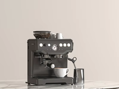 Black Espresso Machine With Coffee Beans Cup And Milk Frother On Marble Counter 3d model