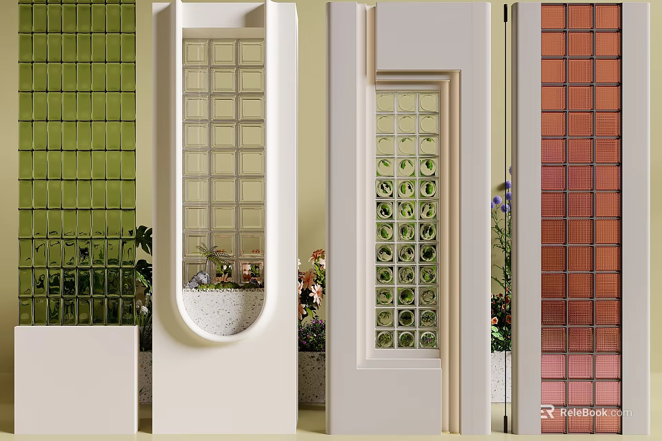 Modern Room Divider With Glass Grid Panel And Wooden Frame Design Elements 3d model 