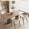Modern Wooden Dining Table Set With White Chairs Vase And Fruit Bowl In Minimalist Room
