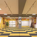 Taekwondo Training Studio With Yellow Black Checkerboard Floor Hanging National Flags Wall Posters And Lighting