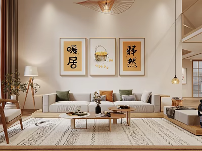 Modern Living Dining Room Interior With Calligraphy Paintings Sofa Coffee Table And Area Rug 3d model