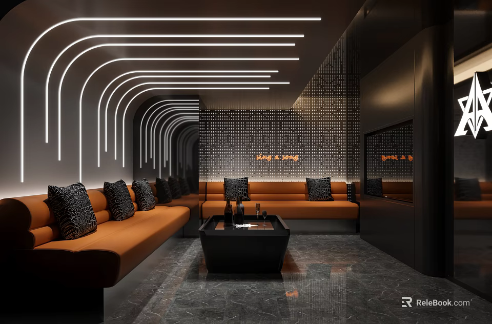 Modern KTV Private Room Interior With Orange Sofas And Curved Lights 3d model 