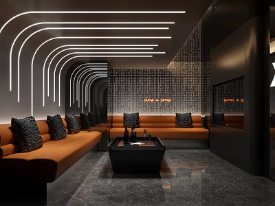 Modern KTV Private Room Interior With Orange Sofas And Curved Lights 3d model