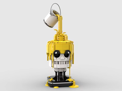 Unique Yellow Building Blocks Skull Figure with Pouring Bucket Dripping Liquid and Black Base 3d model