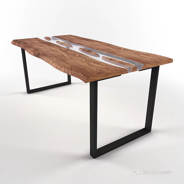 Unique Wooden Desk With Distinctive Transparent Inlay And Black Metal Legs 3d model 