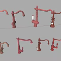 Faucets with Various Designs in Red and Copper Colors on Gray Background 3d model