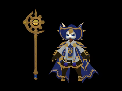 Fantasy Cat Mage Character With Blue Gold Robe Cloak And Golden Staff 3d model
