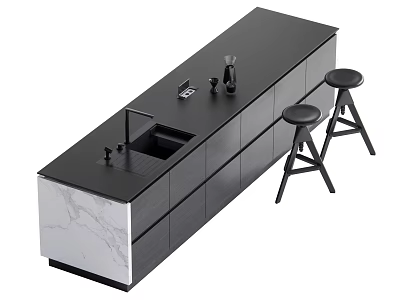 Modern Black Kitchen Island Dining Set With Marble Countertop And Bar Stools 3d model