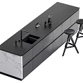 Modern Black Kitchen Island Dining Set With Marble Countertop And Bar Stools