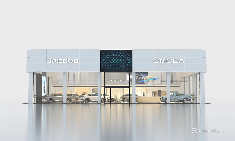 Modern JAECOO SMOODA Car Showroom Exterior With Glass Facade And Displayed Vehicles 3d model 