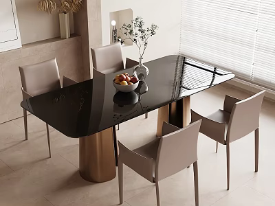 Stylish Modern Dining Table Set with Black Glass Top Golden Base and Light Gray Chairs 3d model