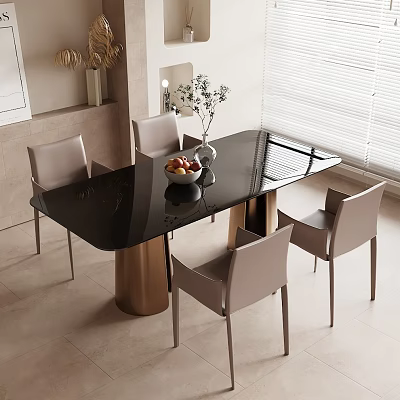Stylish Modern Dining Table Set with Black Glass Top Golden Base and Light Gray Chairs 3d model