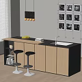 Modern Bar Counter With Black Countertop Wooden Cabinets Stools And Pendant Lights