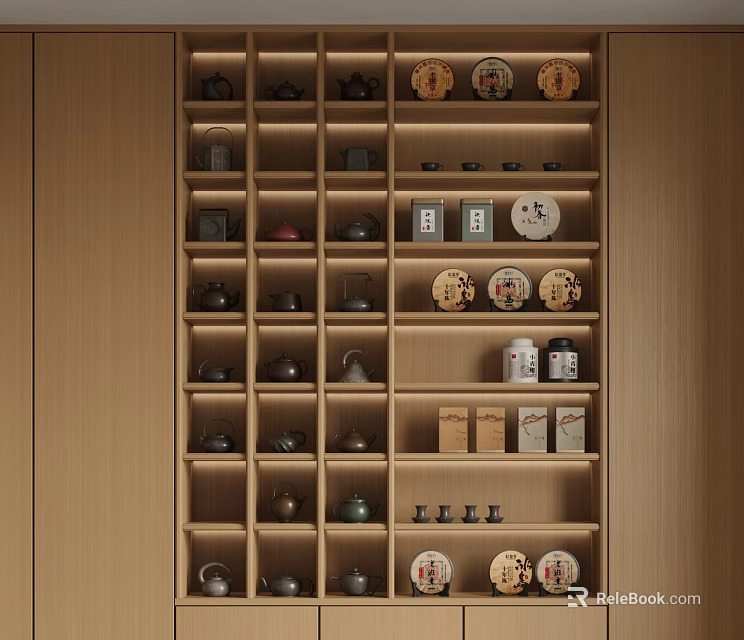 Multi layered Wooden Shelf Displaying Various Tea Ware Including Teapots Trays And Canisters 3d model 