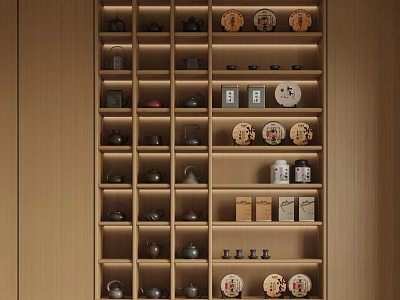 Multi layered Wooden Shelf Displaying Various Tea Ware Including Teapots Trays And Canisters 3d model