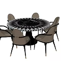 Modern Round Dining Table Set With Six Light Brown Chairs And Black White Patterned Top 3d model