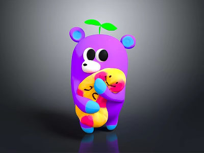 Purple Cartoon Bear Character Hugging Smiling Yellow Creature With Green Leaf on Head 3d model