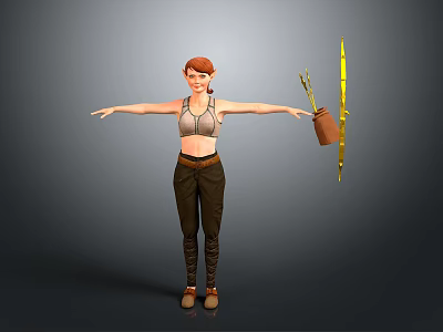 Woman with outstretched arms wearing sports bra dark pants next to potted yellow flower plant 3d model