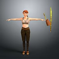 Woman with outstretched arms wearing sports bra dark pants next to potted yellow flower plant