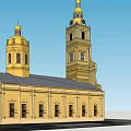 Historic Ancient Building With Yellow Exterior Tower Dome And Spire Against Blue Sky