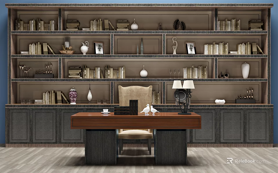 Elegant Home Office Desk With Bookshelves Books Decorative Vases And Table Lamp 3d model 