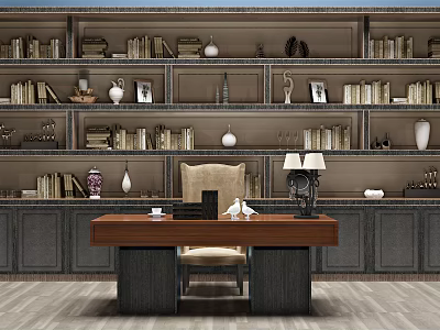 Elegant Home Office Desk With Bookshelves Books Decorative Vases And Table Lamp 3d model