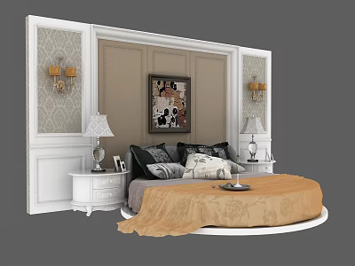 Round Bed Bedroom Interior With Paneled Walls Decorative Painting Nightstands And Lamps 3d model