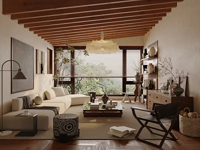 Warm Living Room Interior With Wooden Ceiling Beams Sofa Coffee Table And Plants 3d model