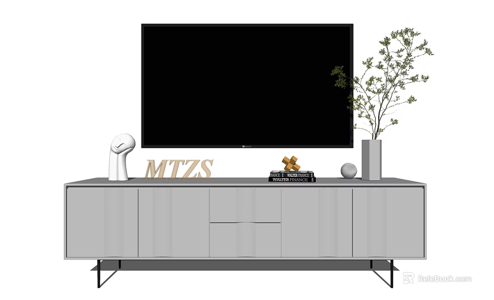 Gray TV Stand With Storage Cabinets TV Decorative Letters And Potted Plant 3d model 