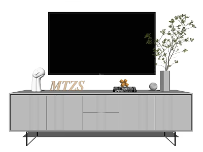 Gray TV Stand With Storage Cabinets TV Decorative Letters And Potted Plant 3d model