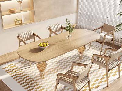 Modern Wooden Dining Table Set With Chairs Fruit Bowl And Vase On Rug 3d model