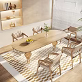 Modern Wooden Dining Table Set With Chairs Fruit Bowl And Vase On Rug