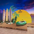 Repairs Sign With Surfboards Palm Trees And Small Boat On Wooden Pallet Platform At Sunset