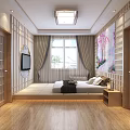 Modern Living Room Interior With Lattice Doors Wooden Flooring TV Sofa And Decorative Paintings