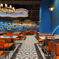Modern Restaurant Interior Design With Ornate Ceiling Orange Seats And Patterned Floor Tiles 3d model