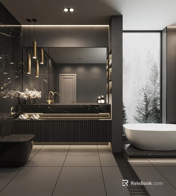 Sleek Dark Luxury Modern Bathroom With Freestanding White Bathtub And Gold Accent Marble Vanity Design 3d model 