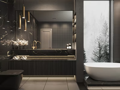 Sleek Dark Luxury Modern Bathroom With Freestanding White Bathtub And Gold Accent Marble Vanity Design 3d model