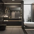 Sleek Dark Luxury Modern Bathroom With Freestanding White Bathtub And Gold Accent Marble Vanity Design