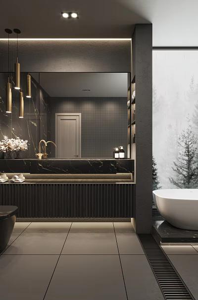 Sleek Dark Luxury Modern Bathroom With Freestanding White Bathtub And Gold Accent Marble Vanity Design 3d model