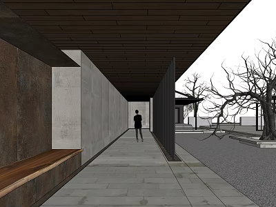 Modern Courtyard Garden Walkway With Wooden Ceiling Concrete Walls Bench Trees And Person Walking 3d model
