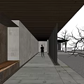 Modern Courtyard Garden Walkway With Wooden Ceiling Concrete Walls Bench Trees And Person Walking