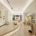 Modern Shopping Mall Store Interior With Stairs Tables Red Pendant Lights And Decorative Plants