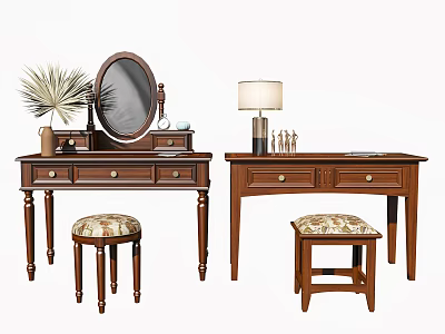 Wooden Dressing Tables With Drawers Round Mirror Table Lamp And Patterned Stools 3d model