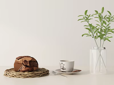 Stylish Decorative Ornament Set with Patterned Bread Woven Mat White Cup and Green Plant Vase 3d model