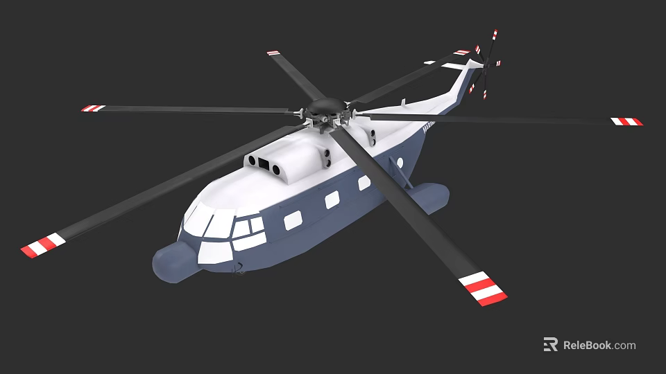 Blue and White Helicopter with Main Rotors Tail Rotor and Fuselage Windows 3d model 