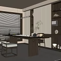 Modern Tea Room Interior With Wooden Table Chairs Hanging Light Tea Sets And Display Cabinets