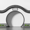 Traditional Chinese Exterior Wall With Circular Arch Tile Decoration Carved Windows Plaque And Green Plants